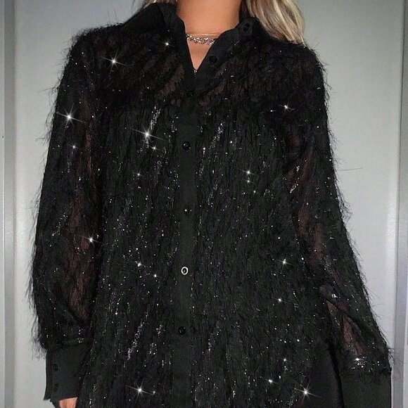 Black PReppy Womens Fuzzy Trim Sequin Detail Shirt - Picture 3 of 5
